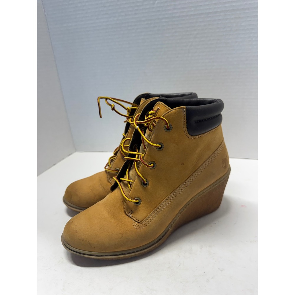 Timberland Amston Wheat Nubuck Leather Lace Up Wedge Ankle Boots 8251A Women 7.5
